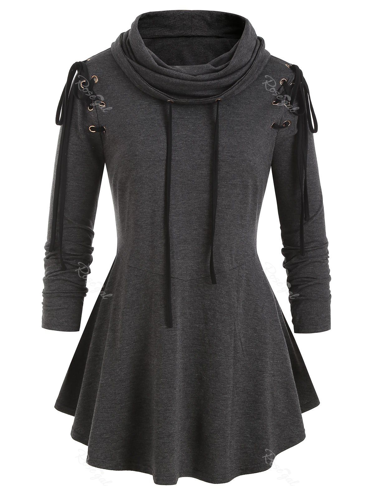 

Plus Size Cowl Neck Lace Up Peplum Sweatshirt, Carbon gray