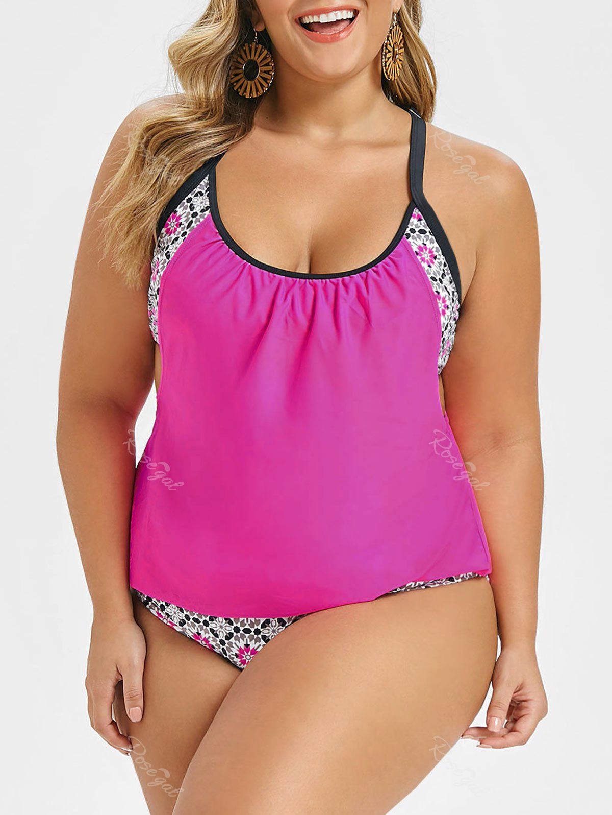 

Plus Size Striped Print Blouson Tankini Set, Dimorphotheca magenta