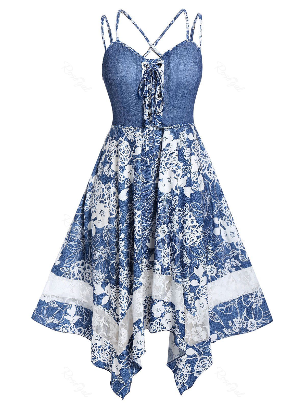 

Plus Size Handkerchief Lace Up Strappy Floral Midi Dress, Blue gray