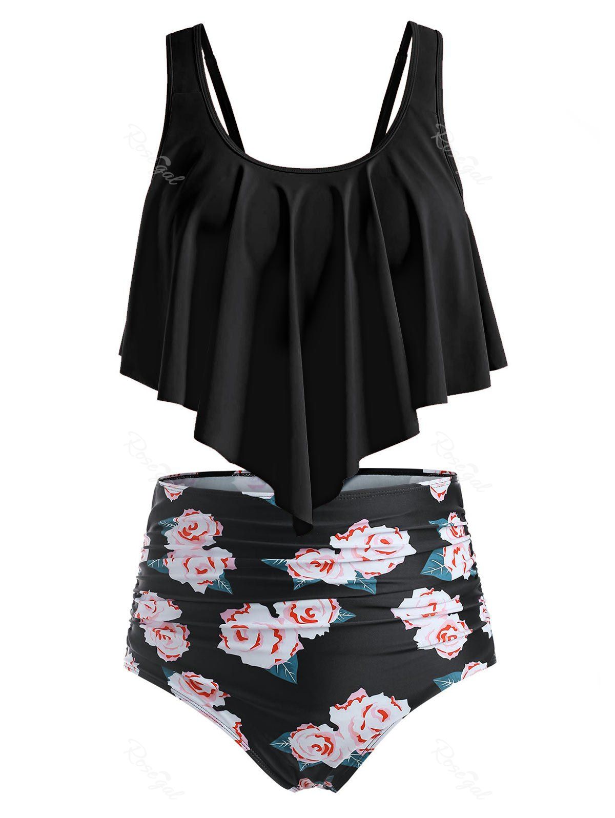 

Plus Size Floral Leaf Ruched High Waisted Tankini Swimsuit, Black