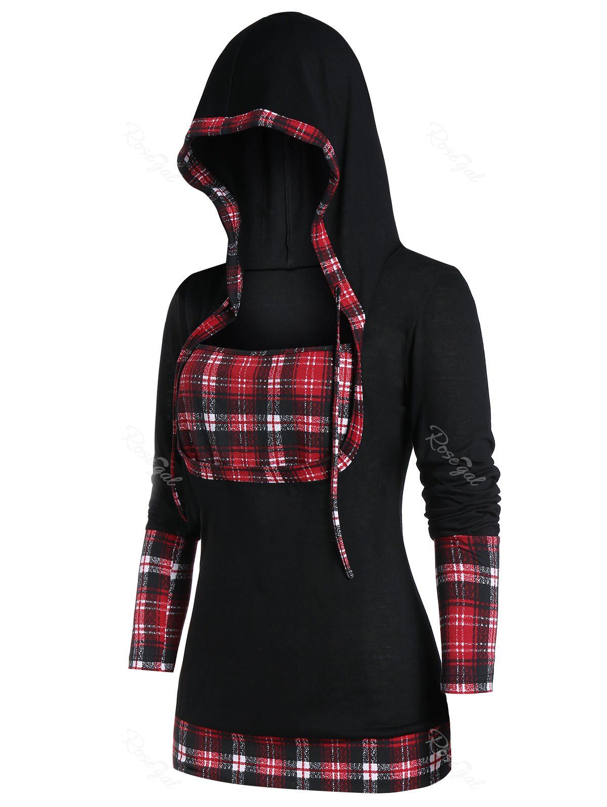 

Plus Size Drawstring Hooded Plaid Tee, Black
