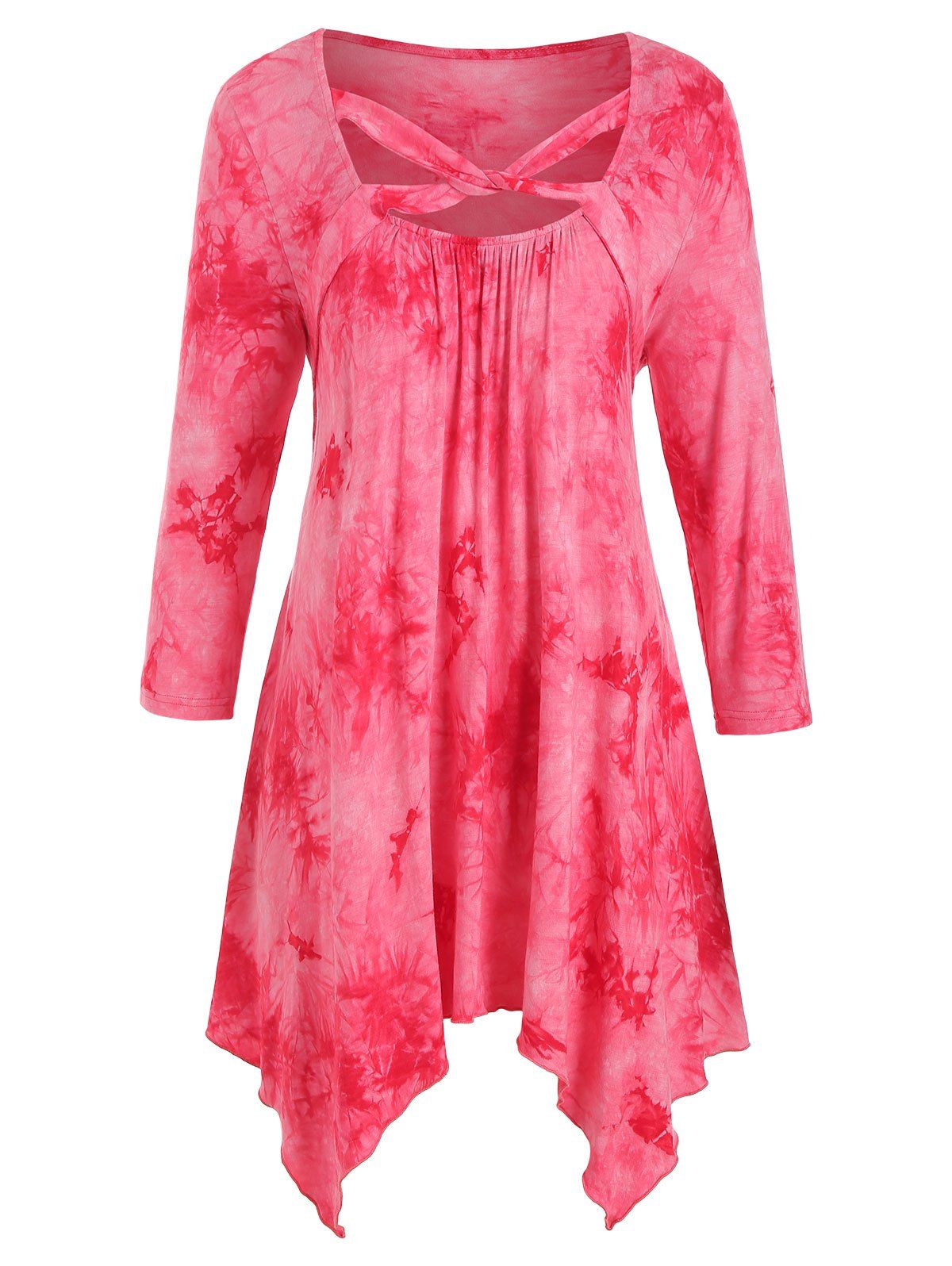 

Plus Size Handkerchief Tie Dye Long Tunic T-shirt, Watermelon pink