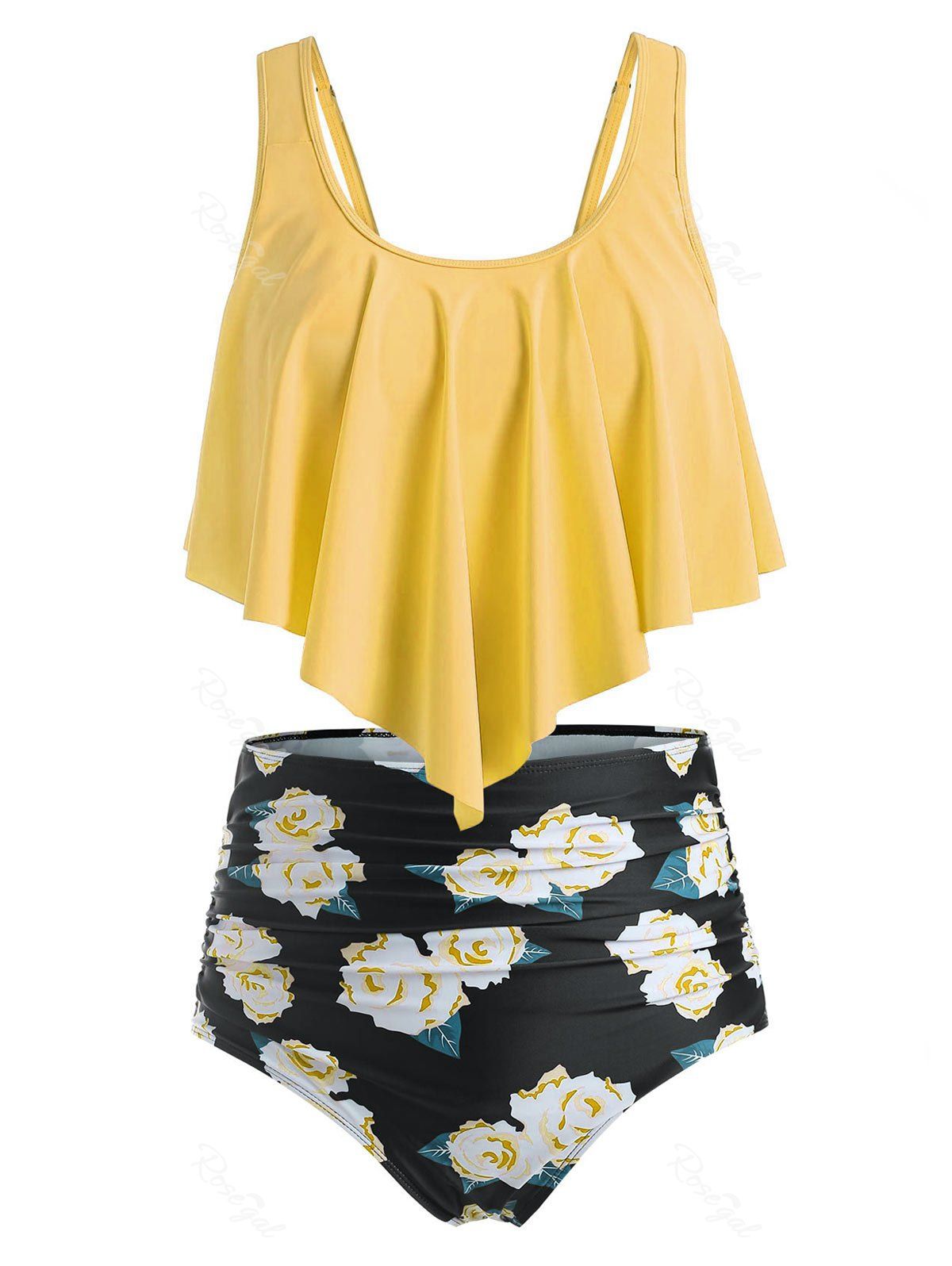 

Plus Size Floral Leaf Ruched High Waisted Tankini Swimsuit, Goldenrod