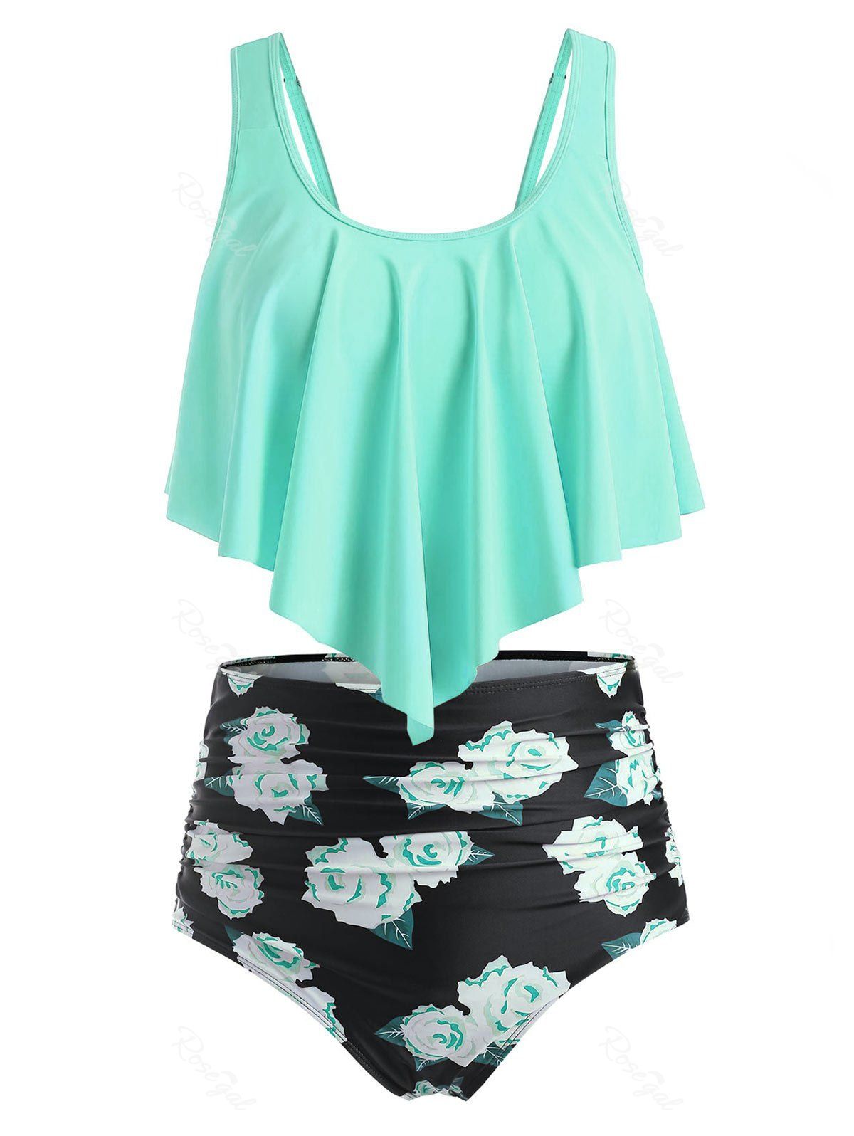 

Plus Size Floral Leaf Ruched High Waisted Tankini Swimsuit, Light aquamarine