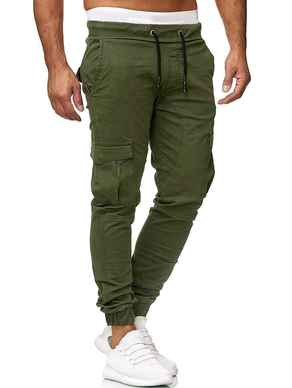 

Solid Color Applique Side Flap Pocket Casual Jogger Pants, Army green