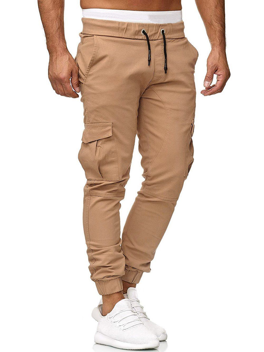 

Solid Color Applique Side Flap Pocket Casual Jogger Pants, Khaki