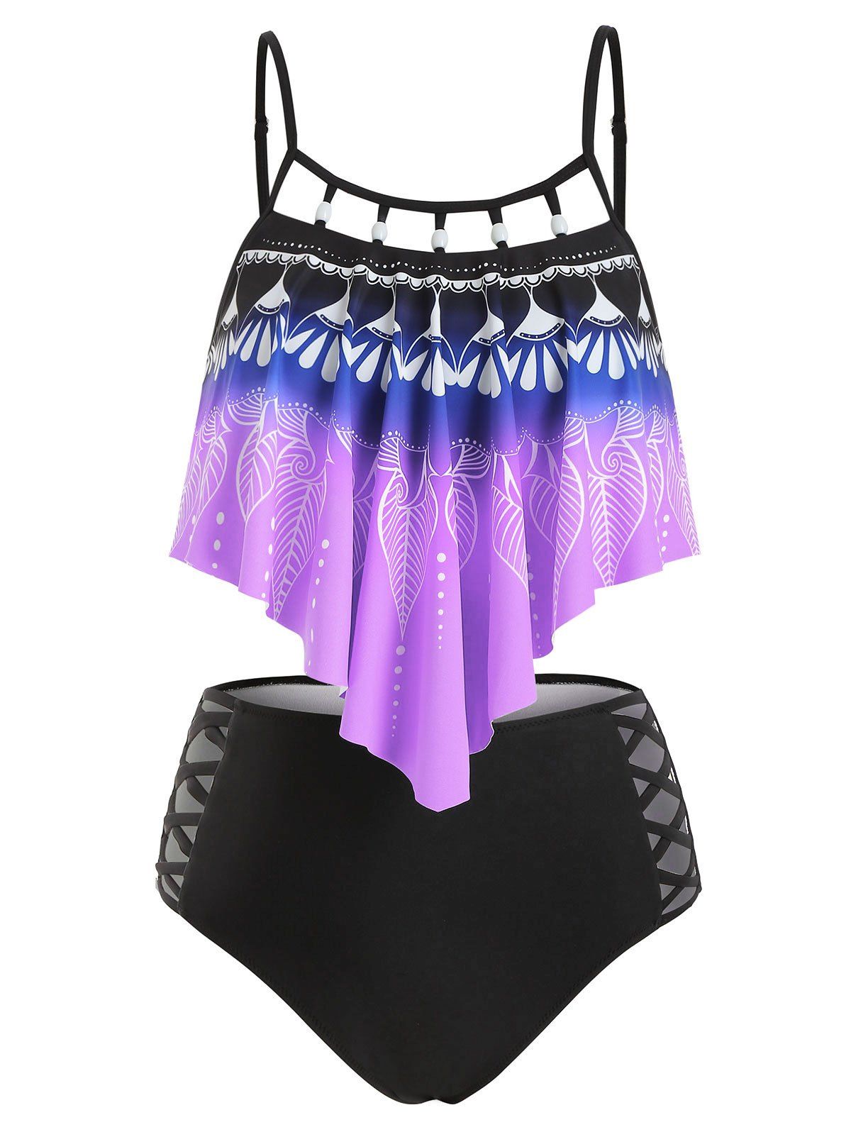 

Leaf Print Flounce Cami High Waisted Tankini Swimwear, Multi-a
