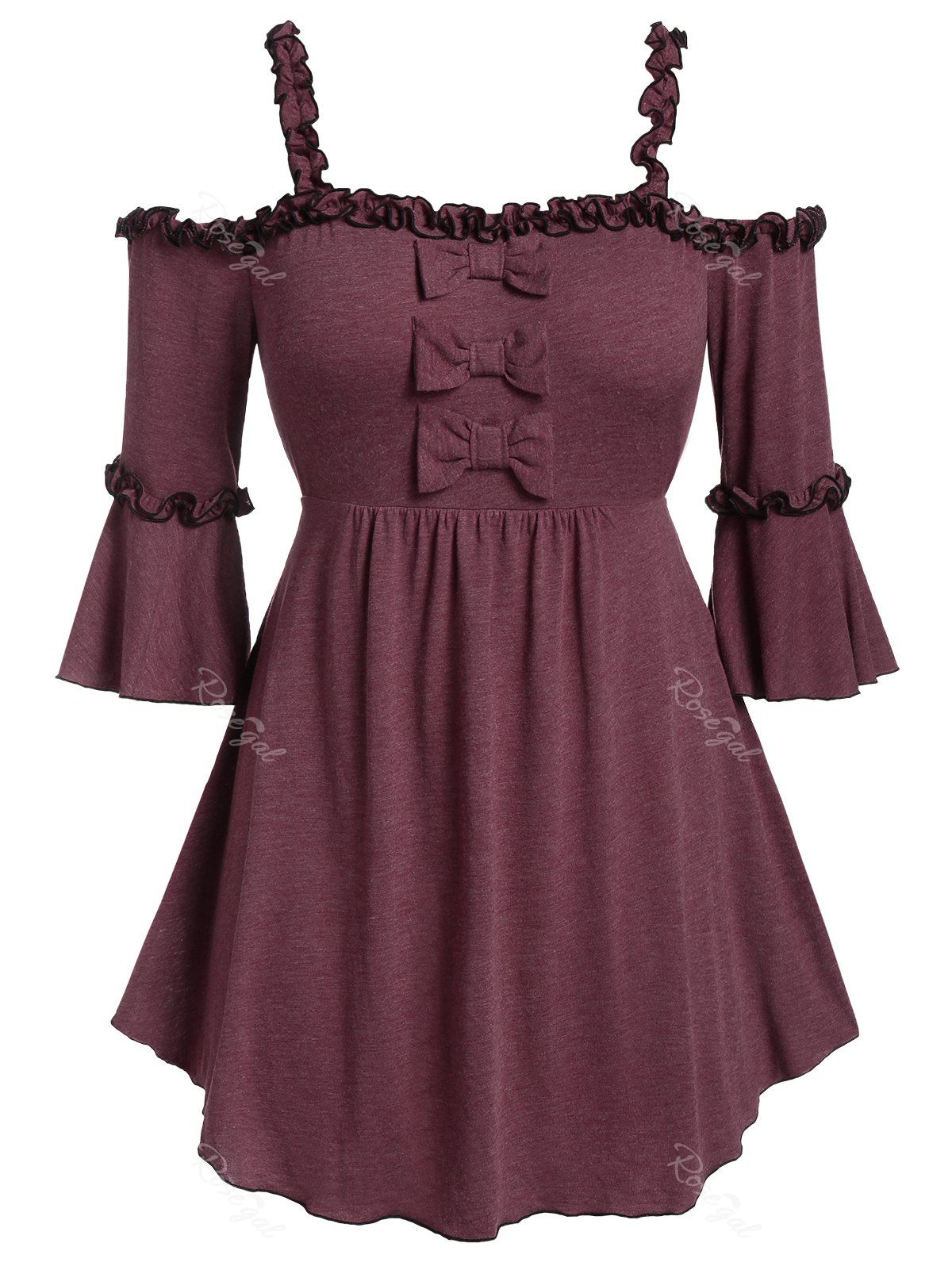 

Plus Size Ruffled Cold Shoulder Bowknot T-shirt, Red wine