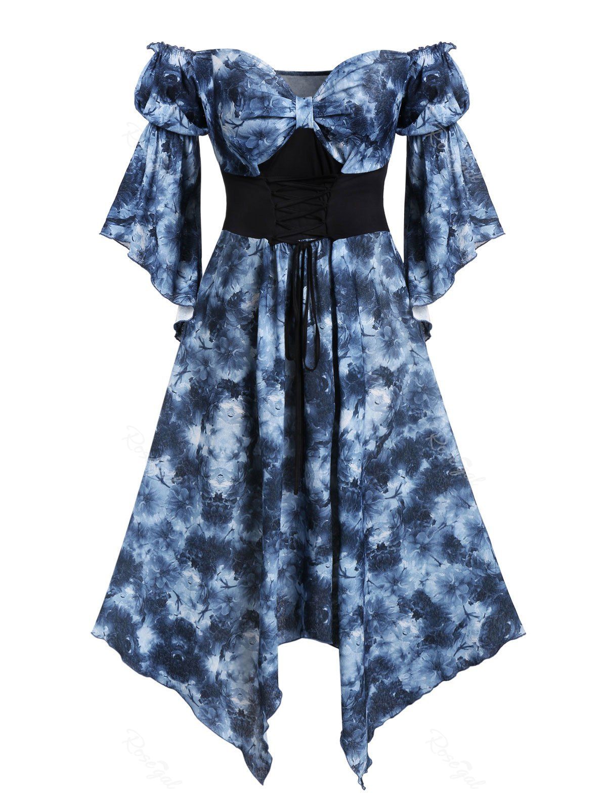 

Plus Size Off Shoulder Front Knot Floral Handkerchief Midi Dress, Multi
