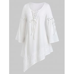 

Plus Size Asymmetrical Lace Up Long Tunic T-shirt, White