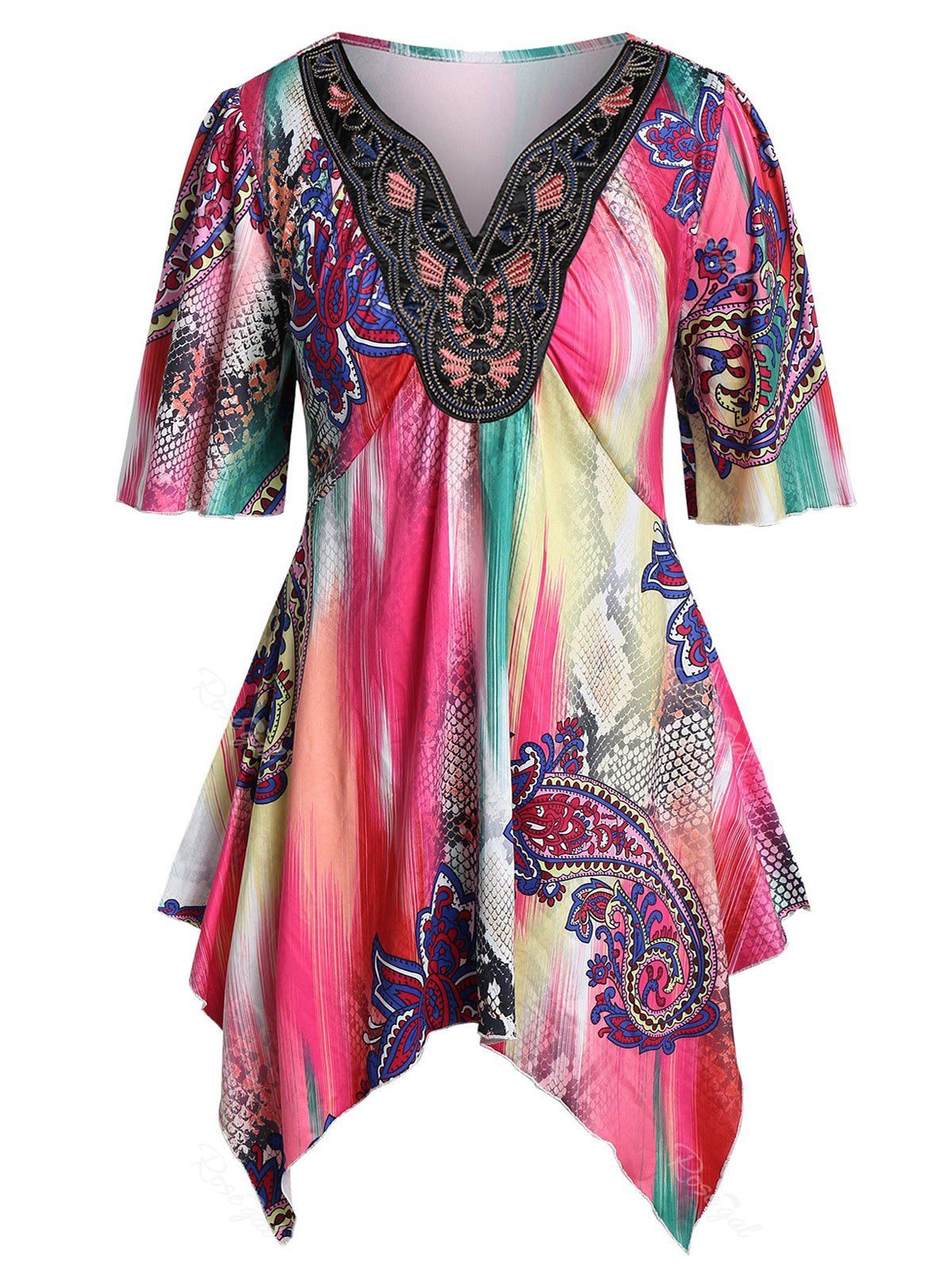 

Plus Size Handkerchief Ethnic Print Ombre T-shirt, Blush red