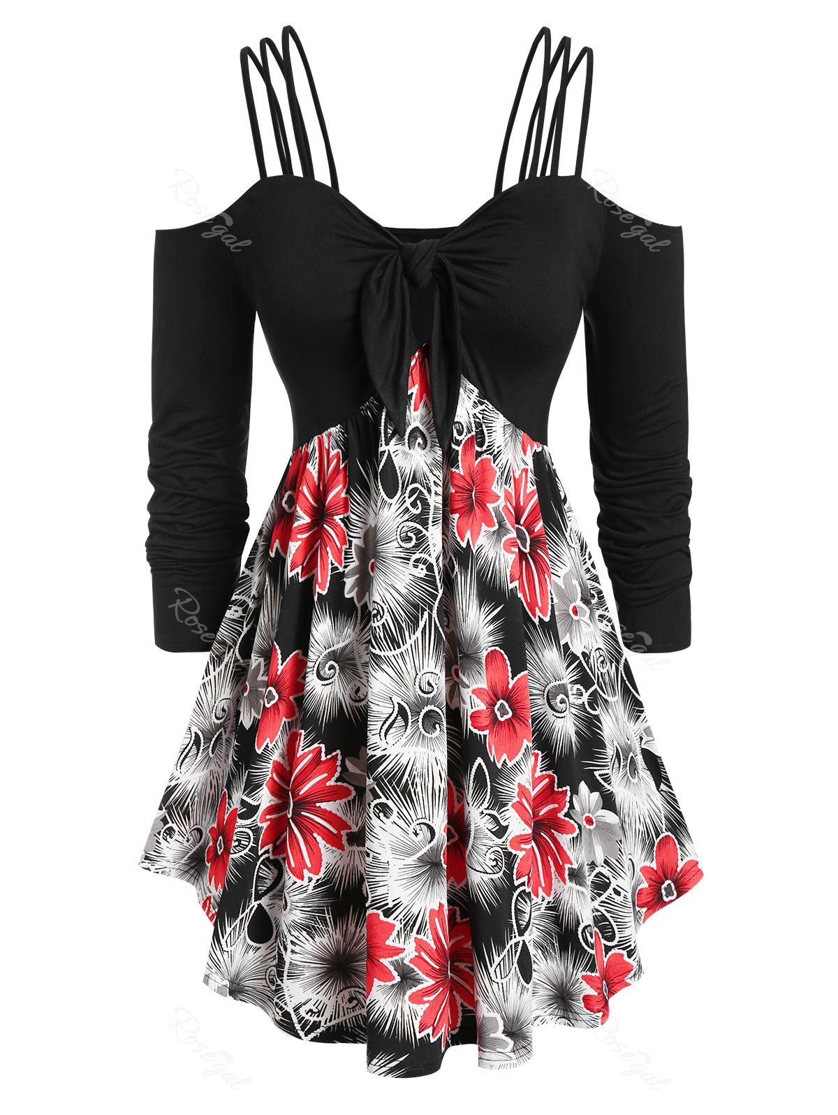 

Plus Size Front Knot Floral Cold Shoulder T-shirt, Black