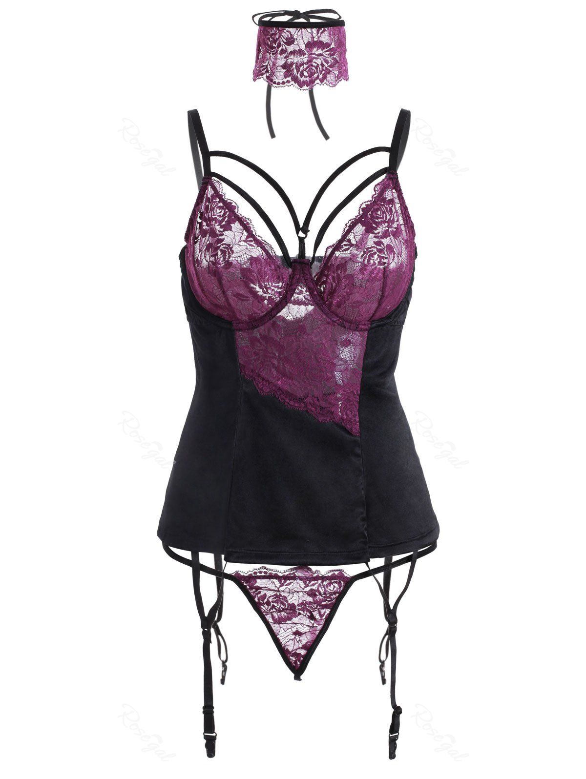 

Plus Size Lace Insert Garter Blindfold Lingeries, Plum pie