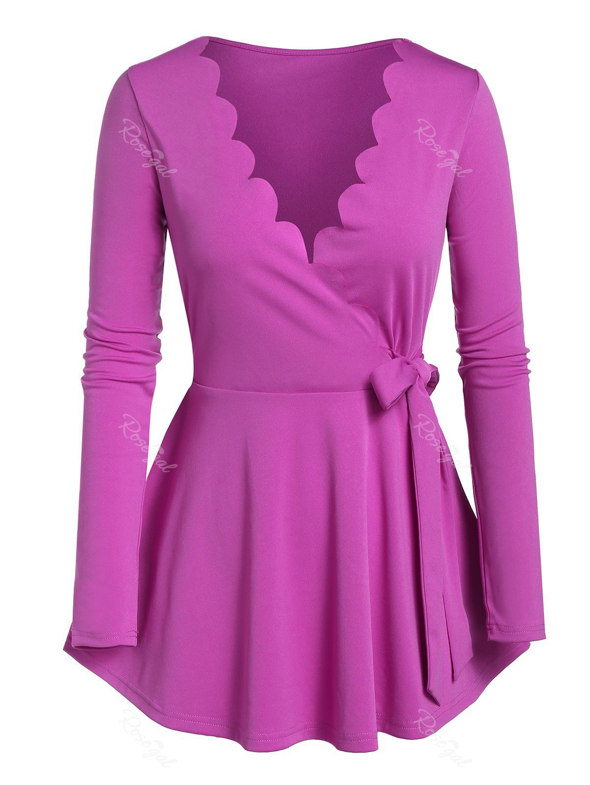 

Plus Size Scalloped Knotted Surplice A Line Tee, Purple