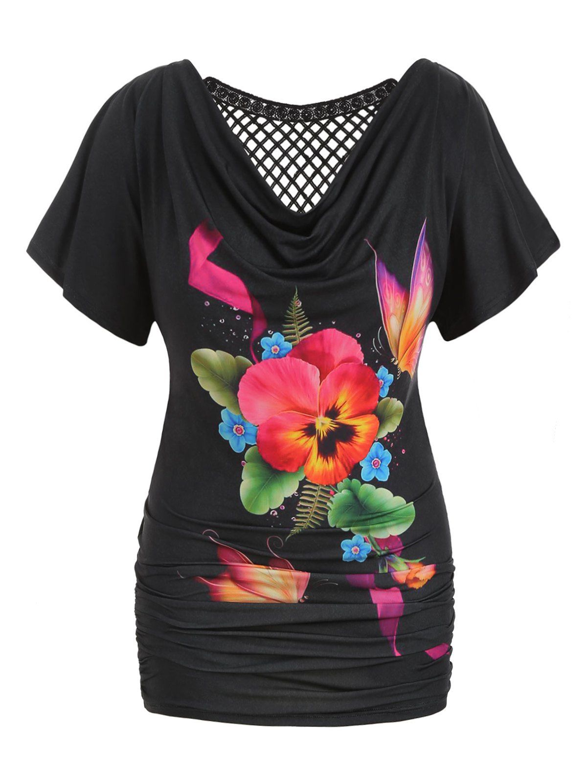 

Plus Size Flower Print Ruched Draped Crochet Panel Tee, Black