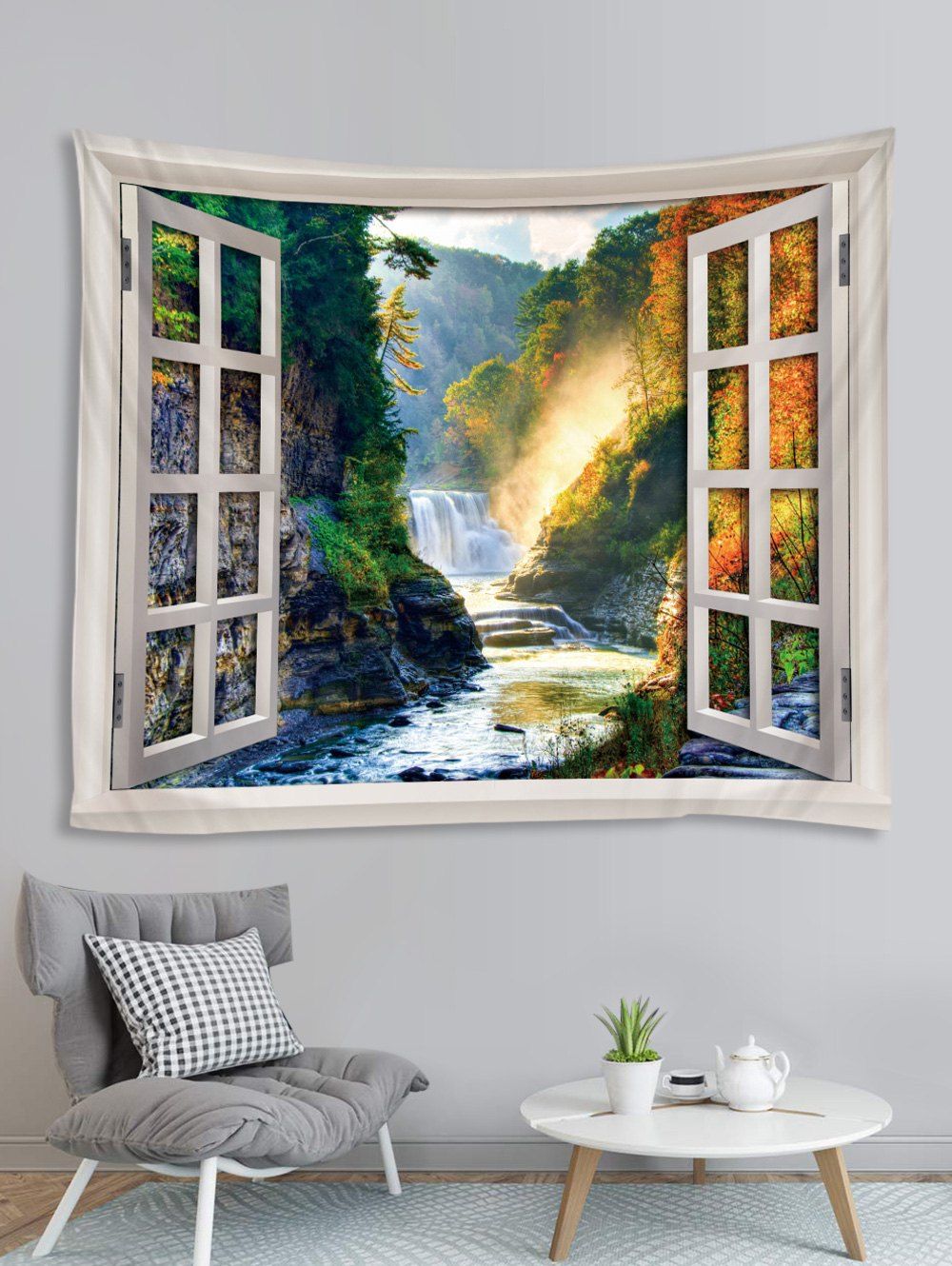 

Window Mountains River Printed Tapestry Wall Hanging Art Decoration, Multi-f