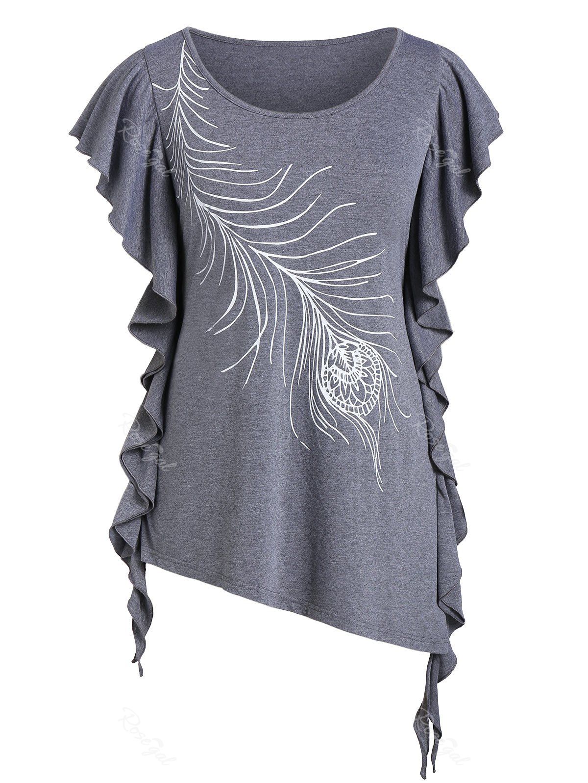 

Plus Size Draped Ruffled Asymmetrical Printed Tee, Gray