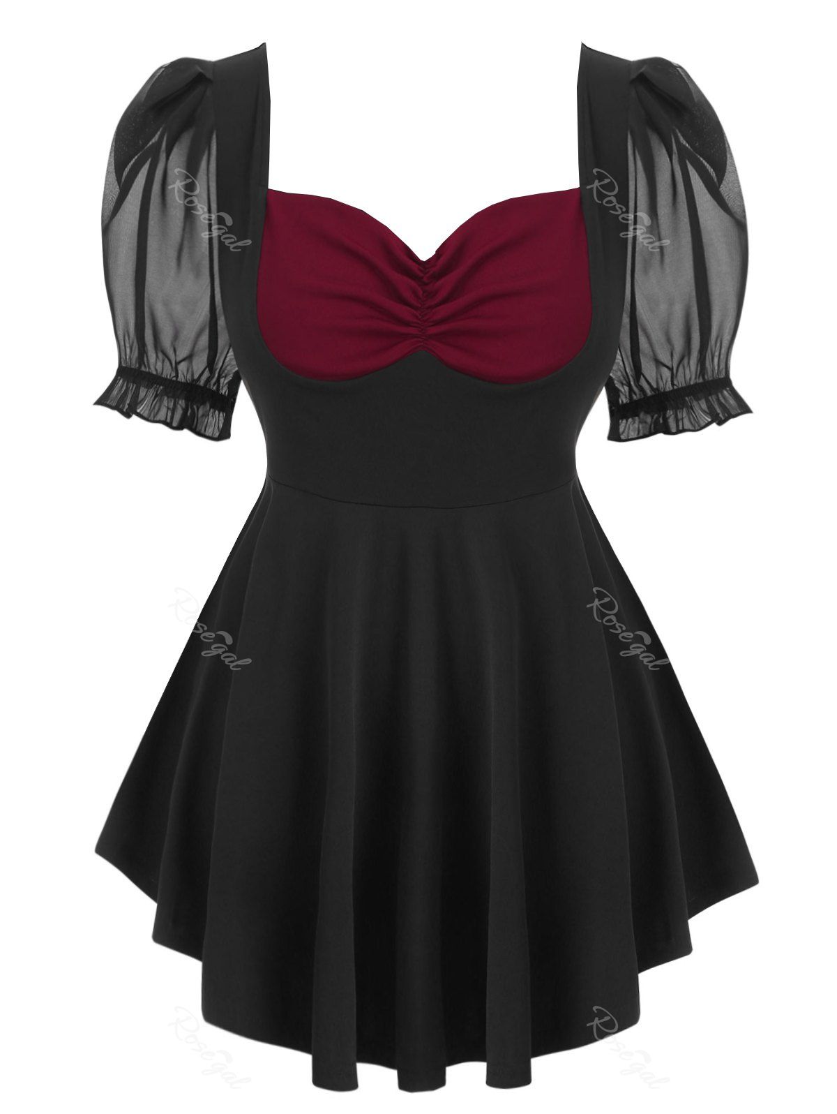 Plus Size Ruched Puff Sleeve Peplum Top, Black