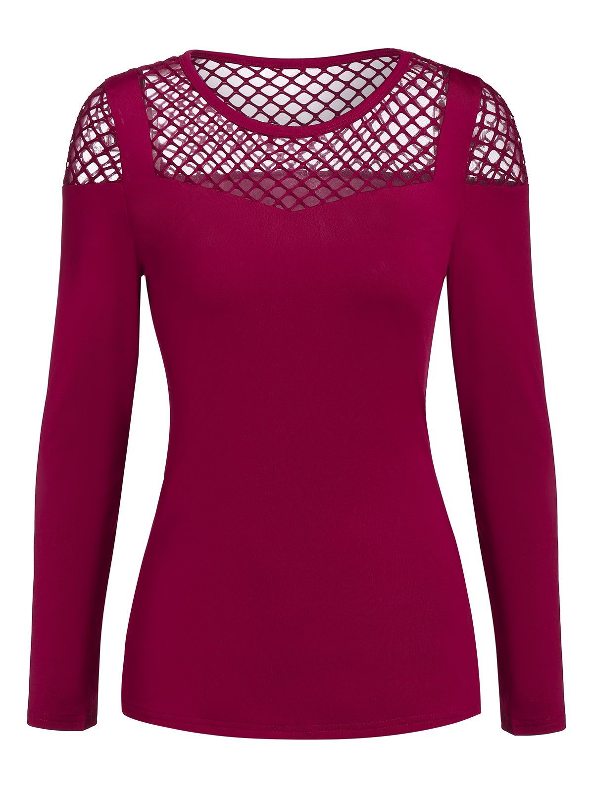 

Hollow Out Long Sleeve Solid T Shirt, Red wine