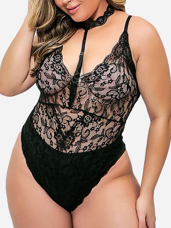 

Scalloped Choker Lace Plus Size Teddy, Black