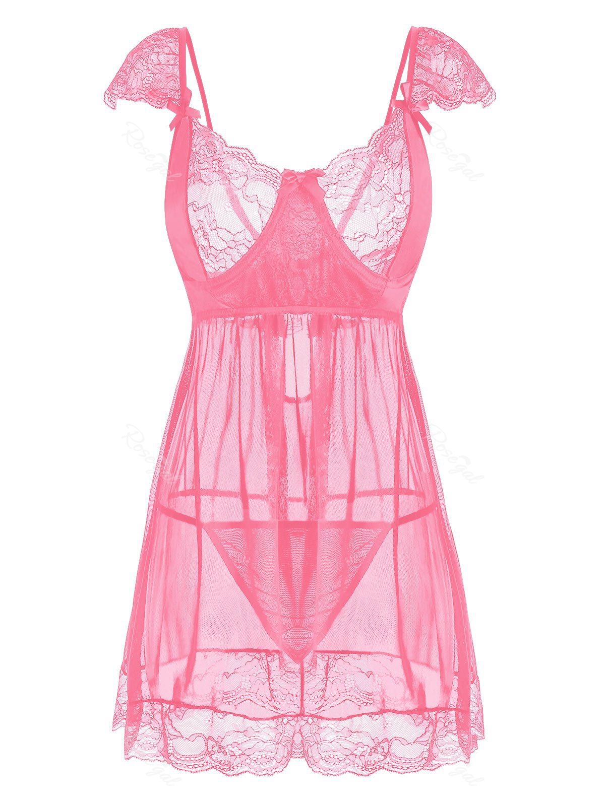 

T Back Scalloped Lace Panel Sheer Mesh Plus Size Babydoll, Pink