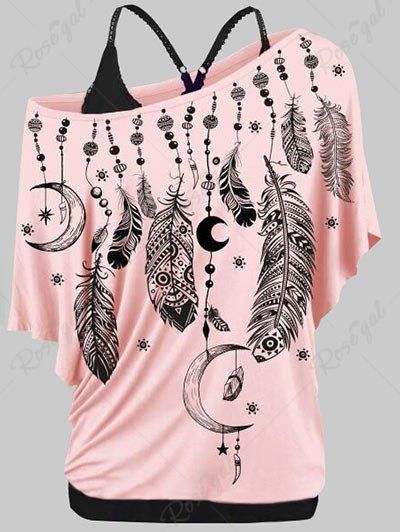 

Plus Size Feather Print Skew Neck T-shirt and Tank Top Set, Pig pink