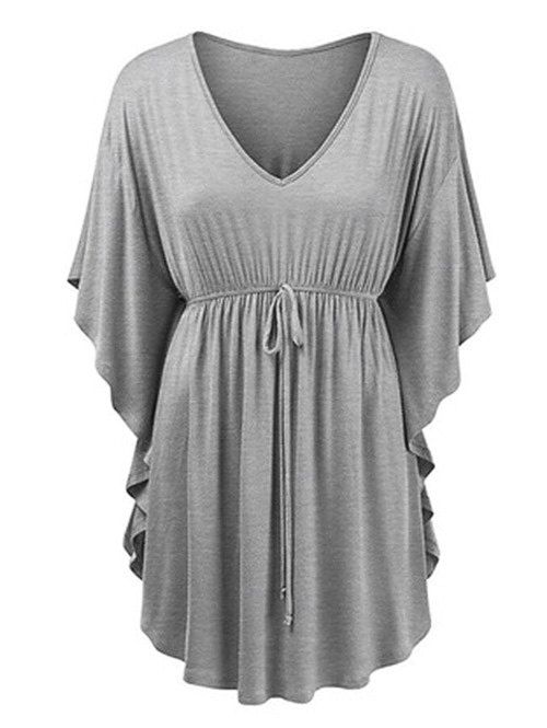 

Butterfly Sleeve Drawstring Waist Longline T-shirt, Gray
