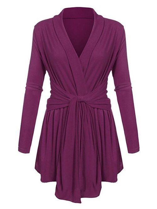 

V Neck Knotted Solid Long Sleeves Tee, Purple