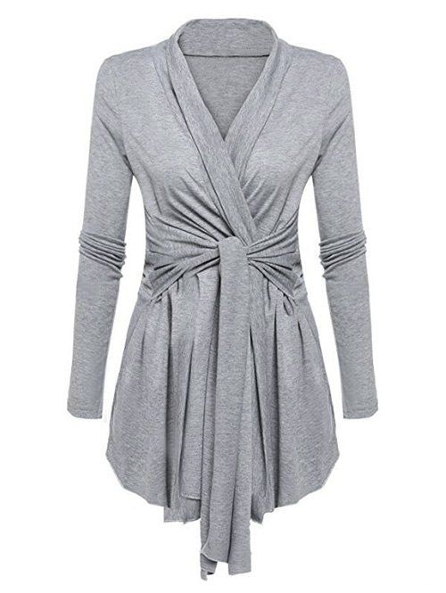 

V Neck Knotted Solid Long Sleeves Tee, Gray
