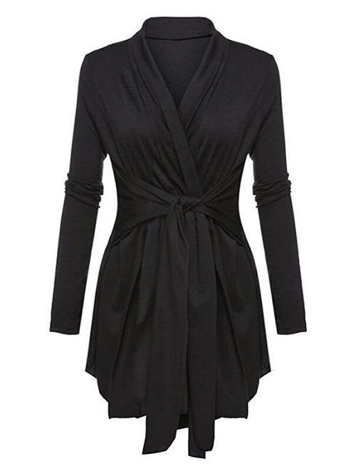 

V Neck Knotted Solid Long Sleeves Tee, Black