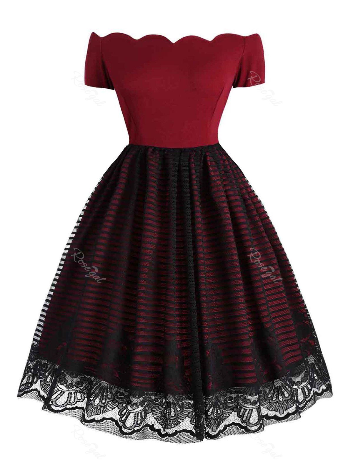 

Plus Size Scalloped Lace Overlay Off The Shoulder Dress, Red wine