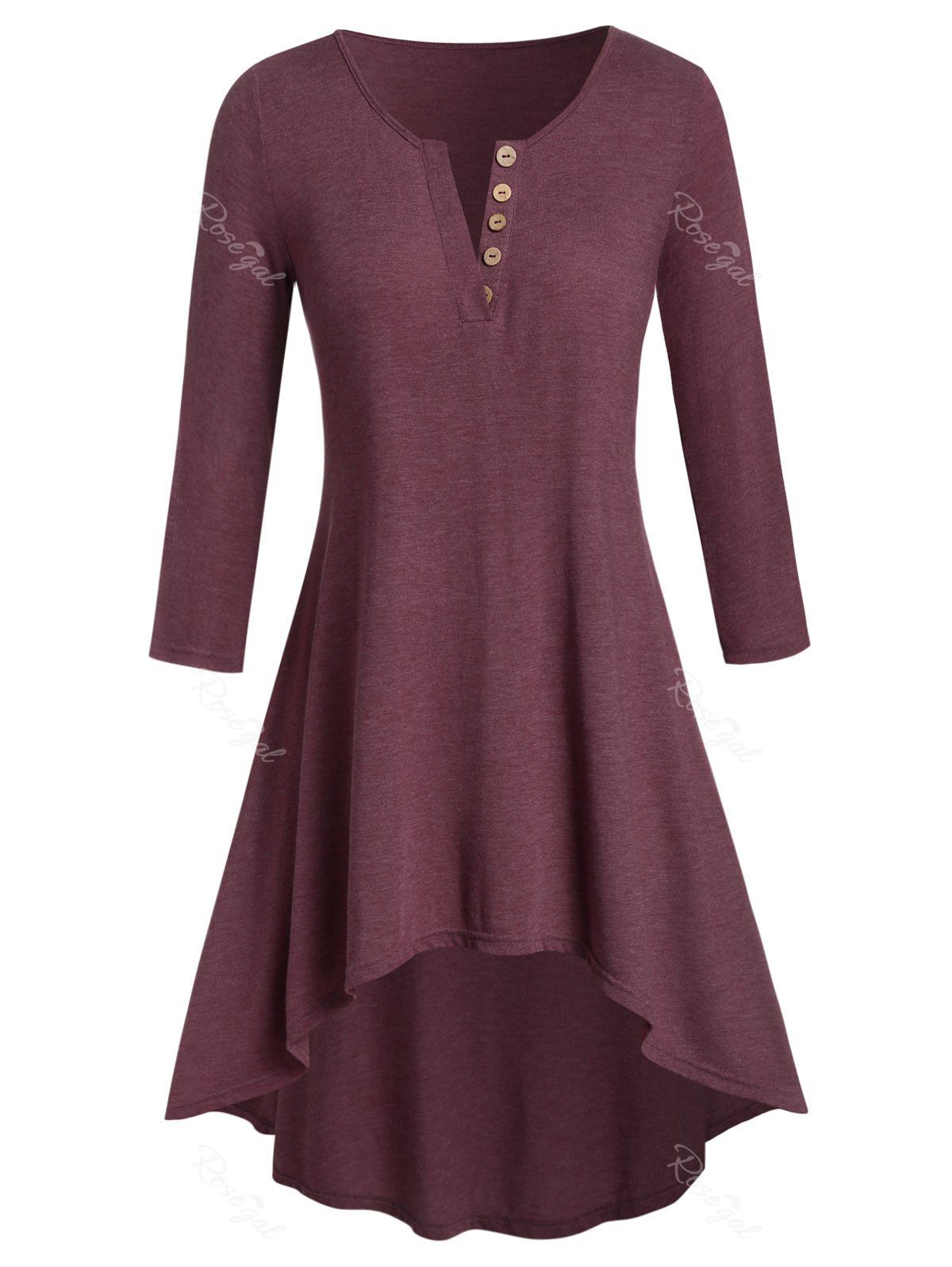 

Plus Size High Low Space Dye Button T Shirt, Red wine