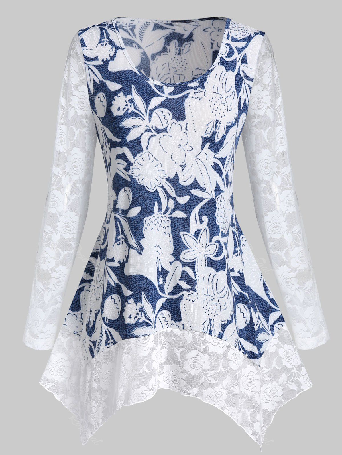 

Plus Size Asymmetric Lace Panel Ditsy Print T Shirt, Silk blue