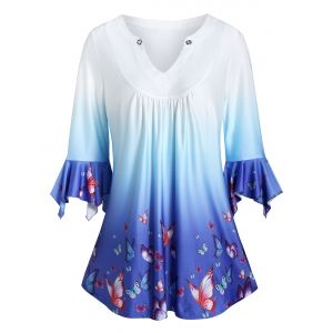 

Butterfly Print V Neck Rings T Shirt, Deep blue