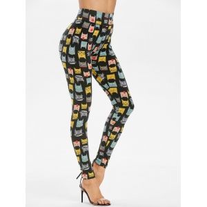 

Skinny Cartoon Animals Print High Waisted Leggings, Black