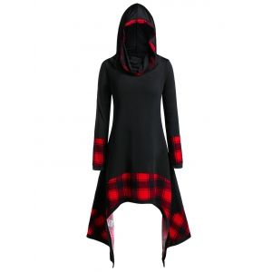 

Plus Size Checked Panel Asymmetrical Hooded T Shirt, White