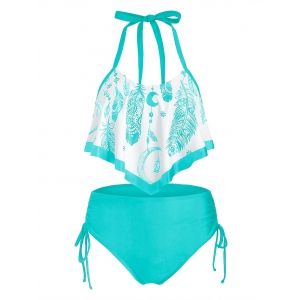 

Feather Print Flounce Cinched Tankini Swimwear, Medium turquoise
