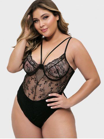 

Lace Panel Strappy Sheer Mesh Plus Size Teddy, Black