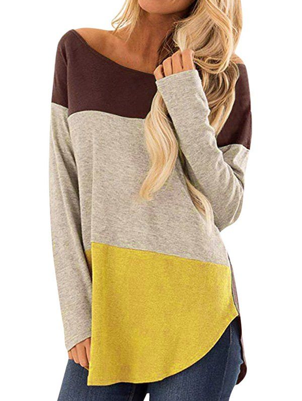 

Scoop Neck Color Block Longline T-shirt, Dark khaki