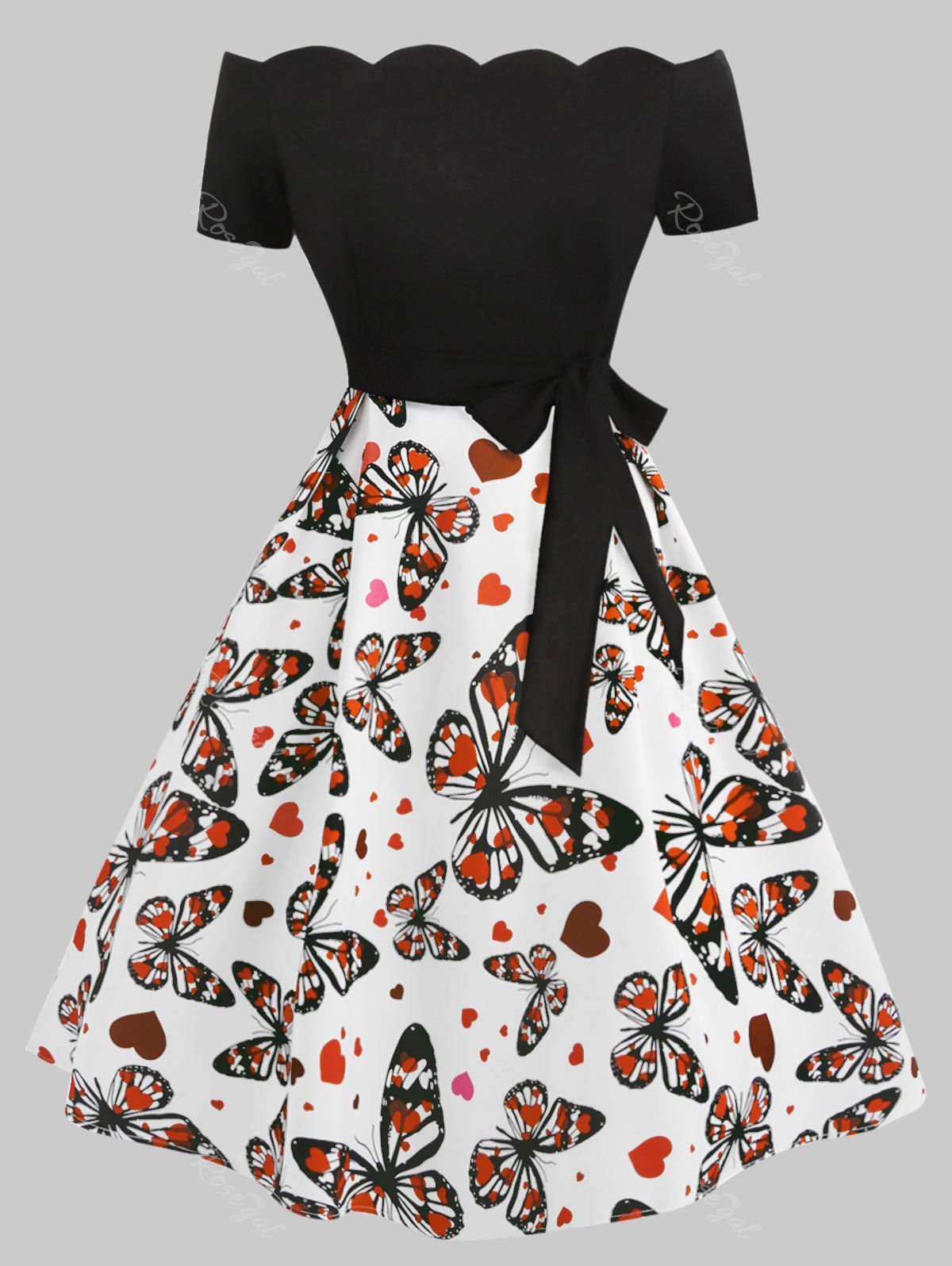 

Plus Size Butterfly Heart Scalloped Off The Shoulder Dress, Black