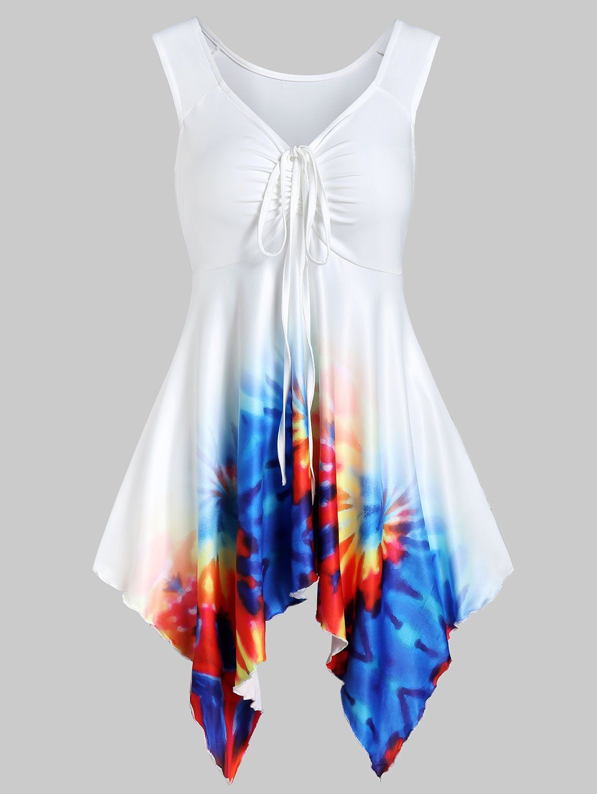 

Handkerchief Cinched Spiral Tie Dye Print Empire Waist Tank Top, White