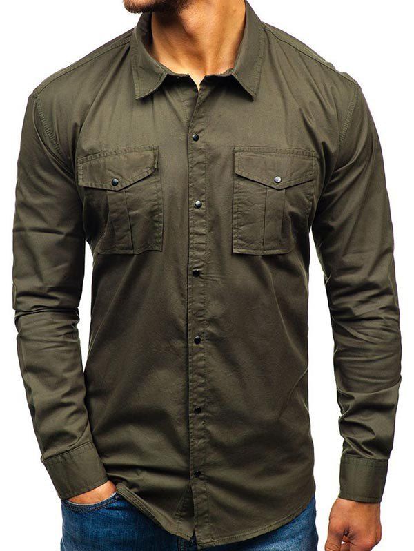 

Solid Color Button Up Casual Cargo Shirt, Army green