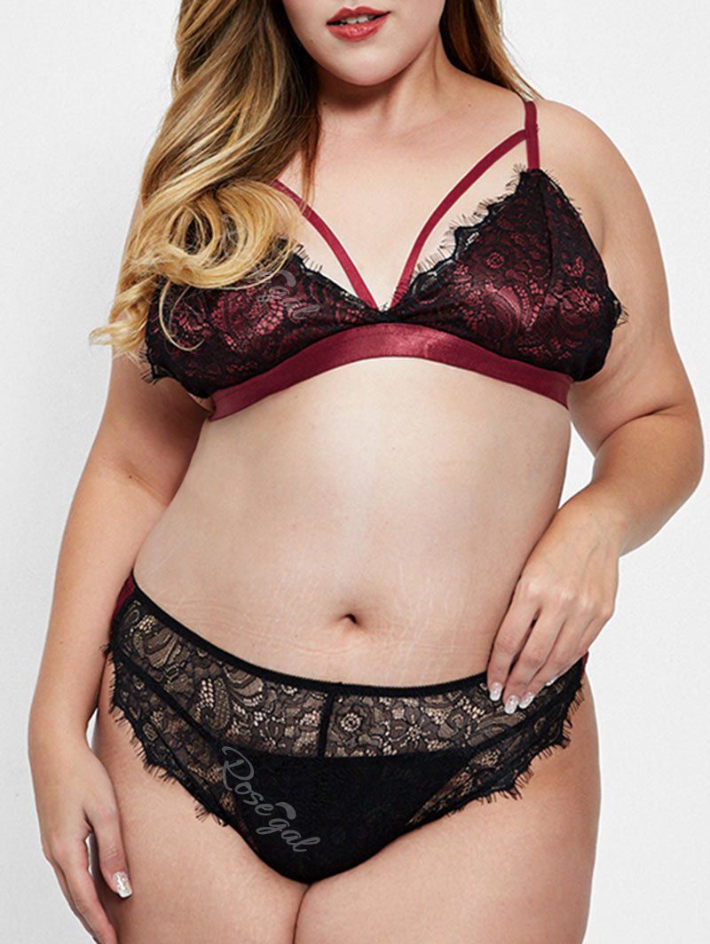 

Lace Panel Satin Eyelash Plus Size Three Piece Bra Set, Red wine