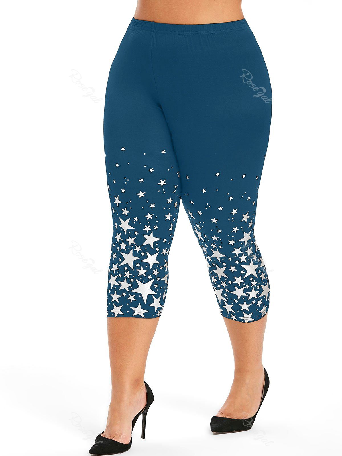 

Plus Size Stars Print Skinny Capri Leggings, Peacock blue