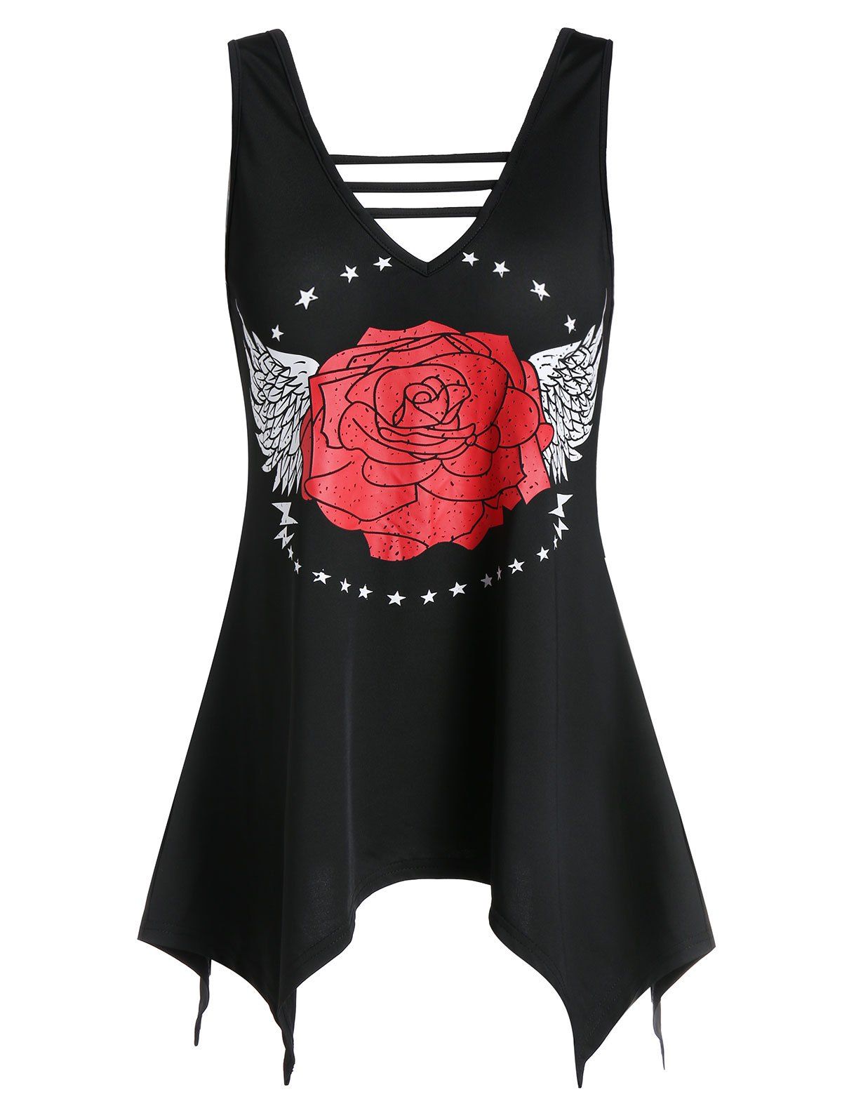 

Plunge Asymmetrical Rose Print Tank Top, Black