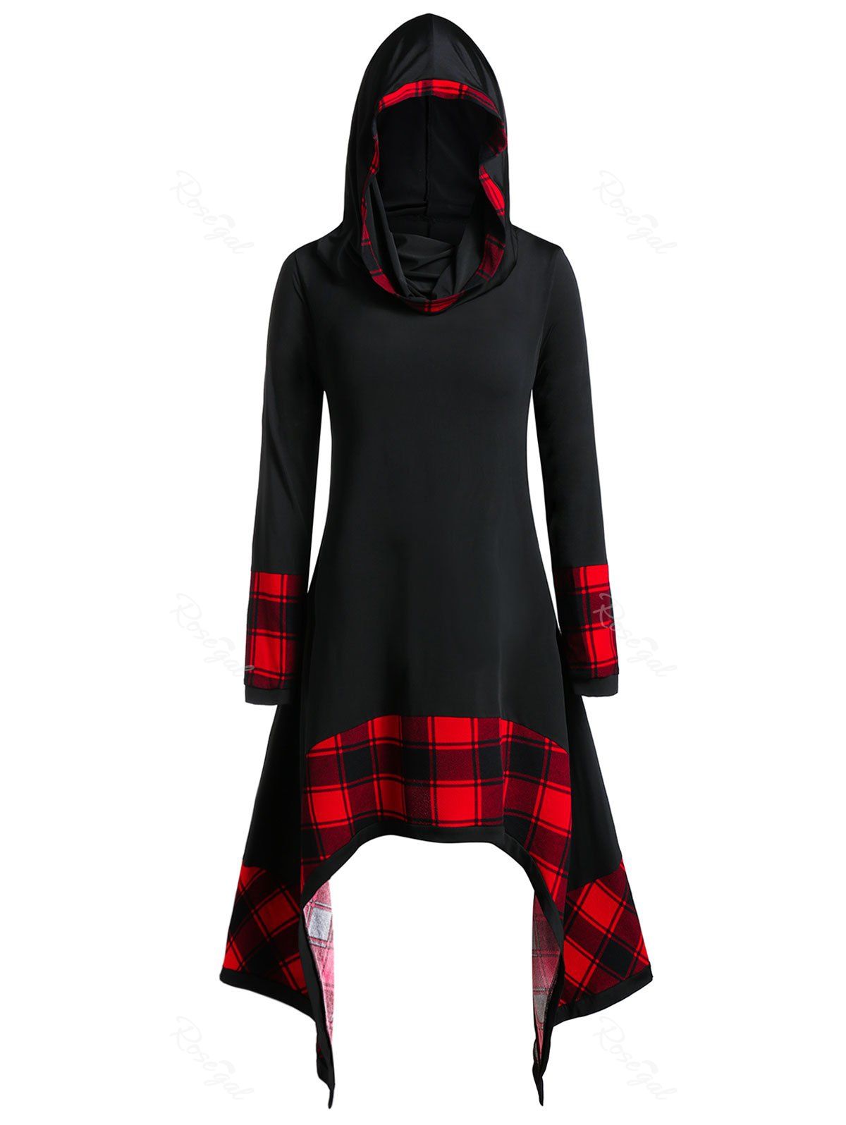 

Plus Size Checked Panel Asymmetrical Hooded T Shirt, Black