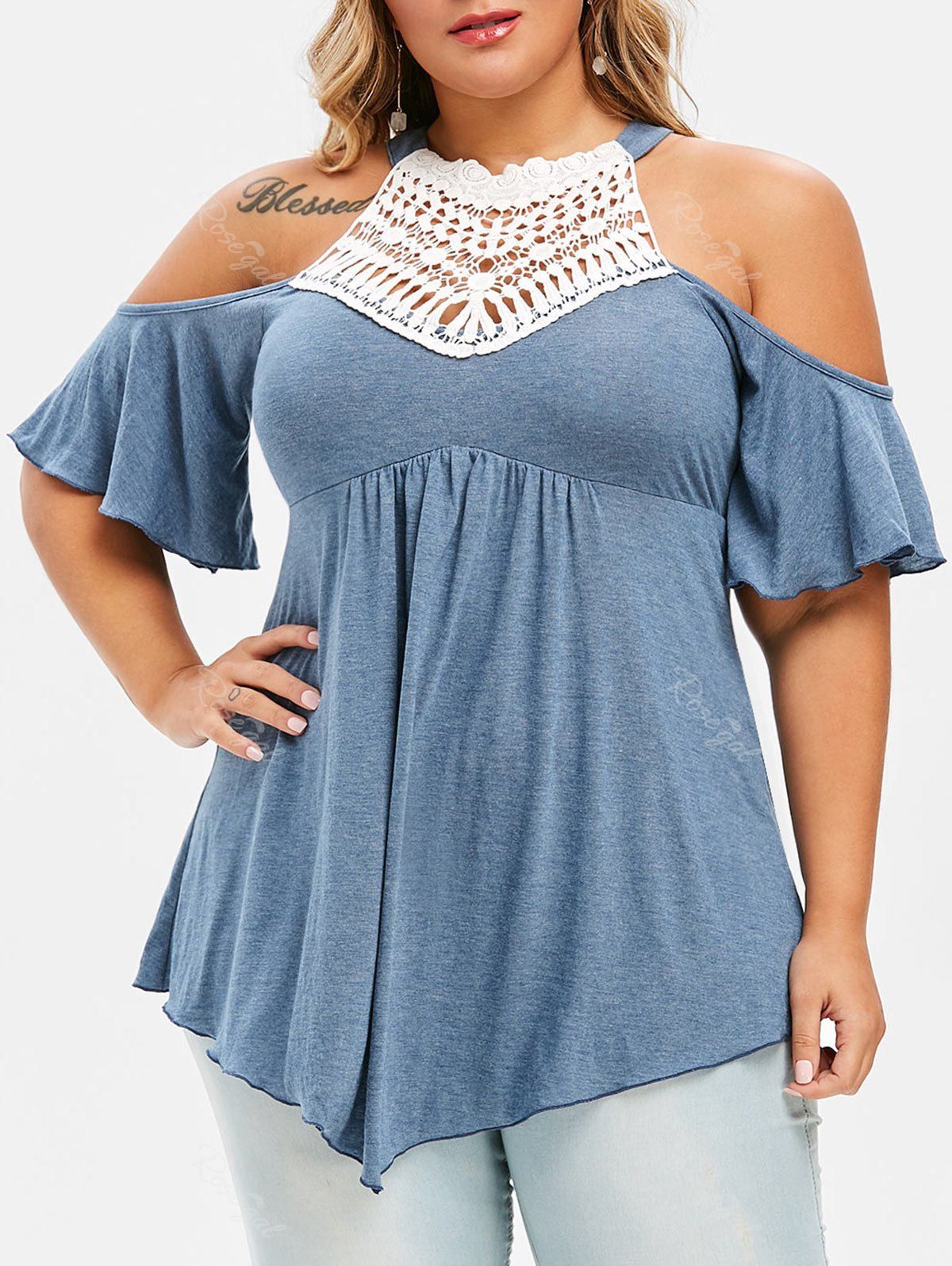 

Plus Size Cold Shoulder Lace Crochet T-shirt, Lapis blue