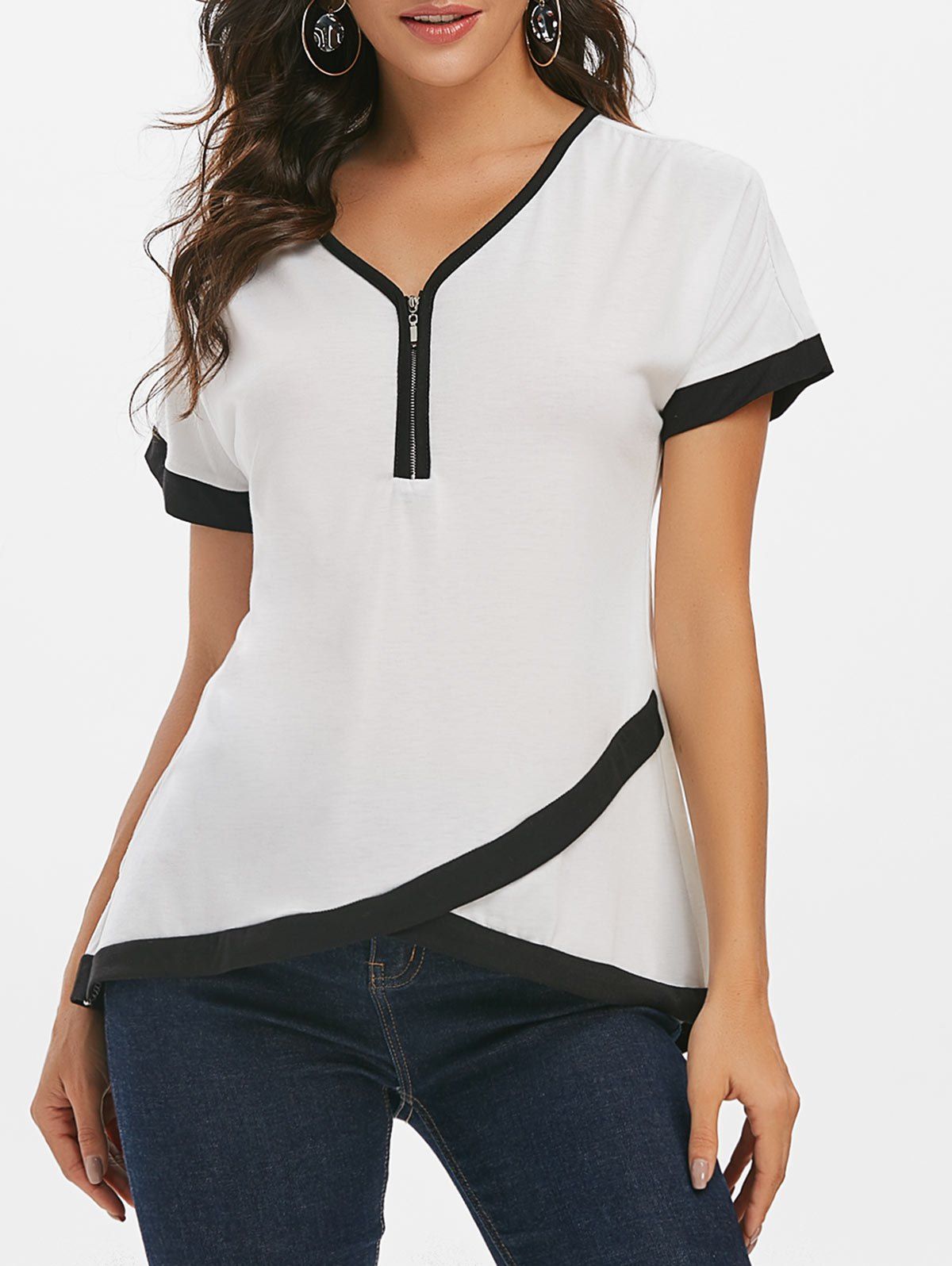

Zipper Front V Neck Ringer T-shirt, White