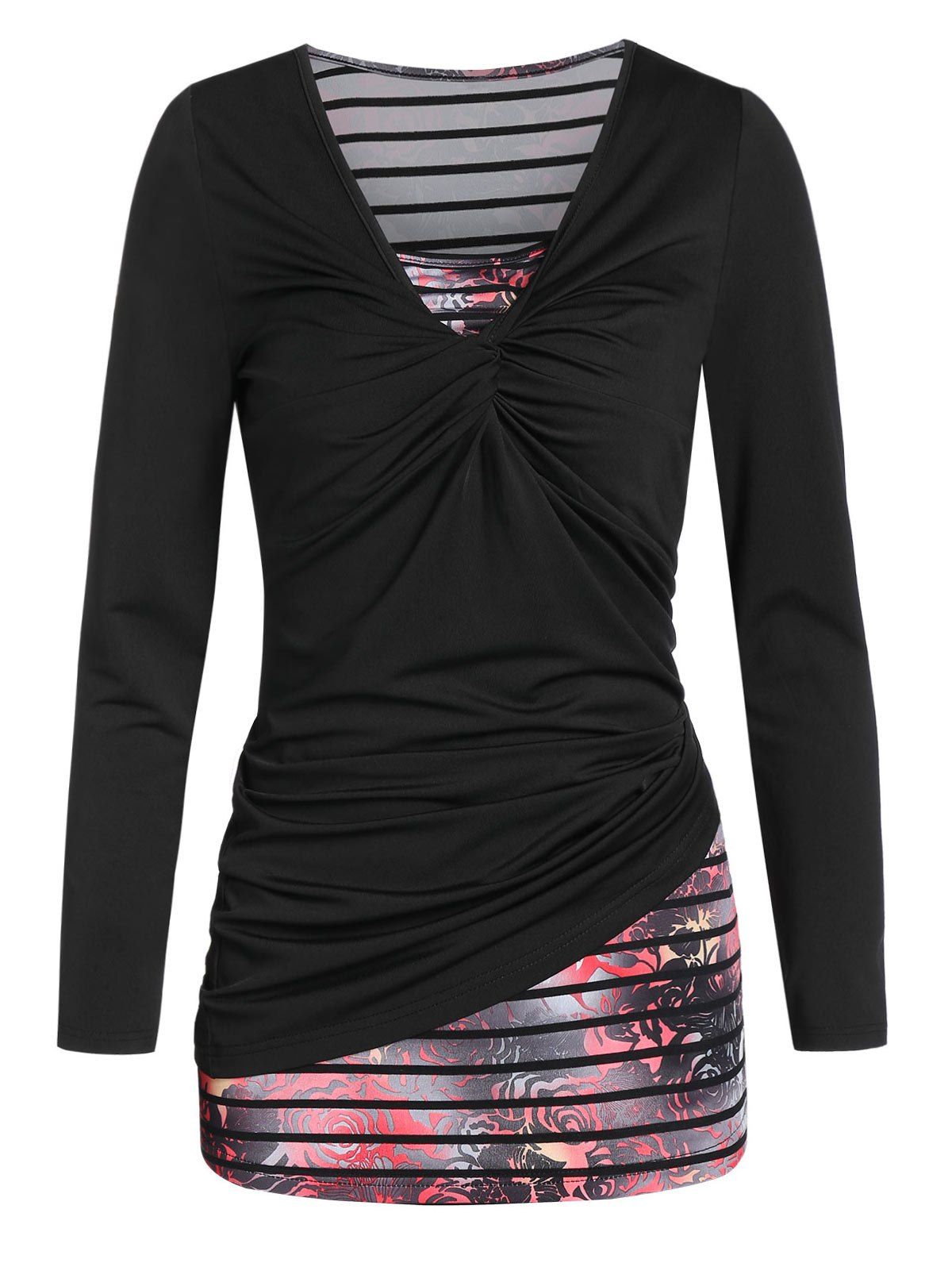 

Twist Front T-shirt and Stripe Flower Print Tank Top, Black
