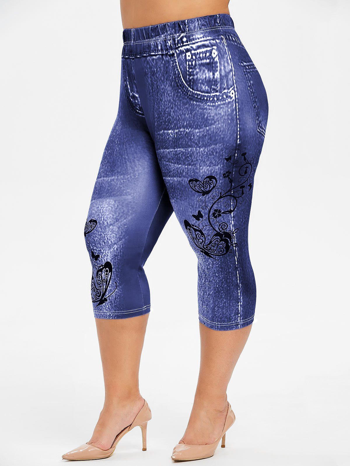 

Plus Size Butterfly Print Capri Jeggings, Deep blue